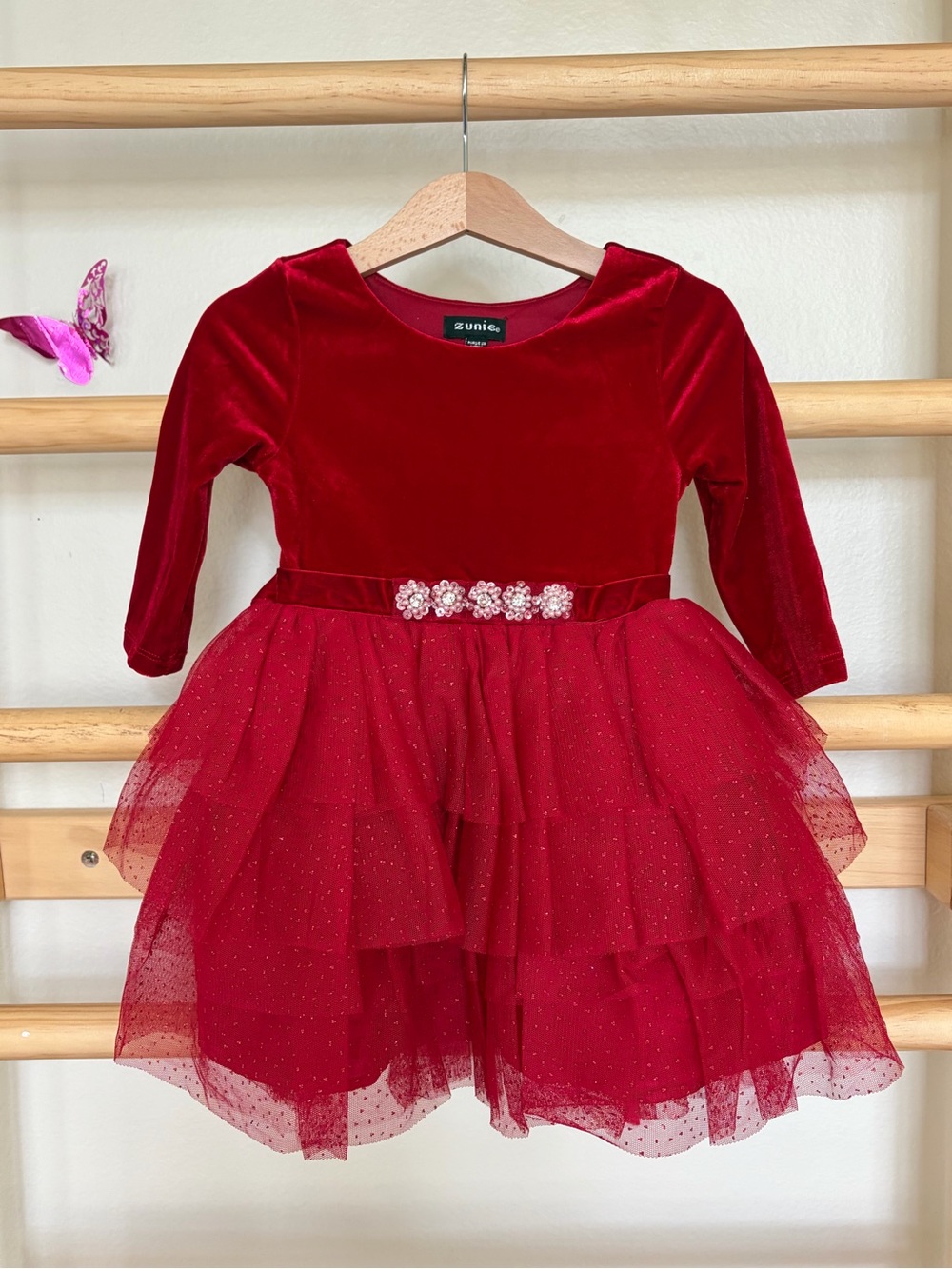 Zunie Sparkling Red Velvet & Tulle Party Dress with Floral Belt